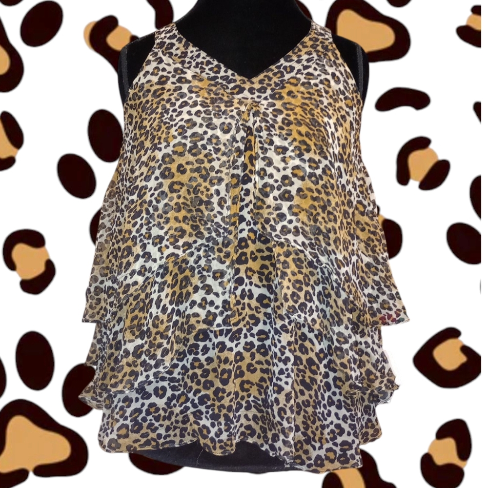 Ruffled Leopard Print Tank Top Blouse VTG Made In The USA 100% Silk